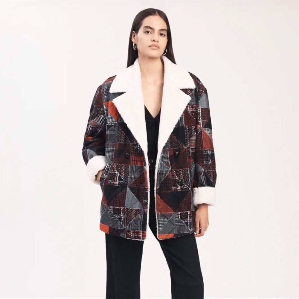 Derek Lam 10 Crosby Hayden Quilted Red Black Faux Fur Coat Peacoat Large